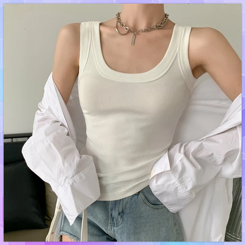 Women Solid Cotton Basic Tube Top Female Summer Sexy Camisole Sleeveless Vest White Anti-glare Wide-strap Sports  Tank Tops