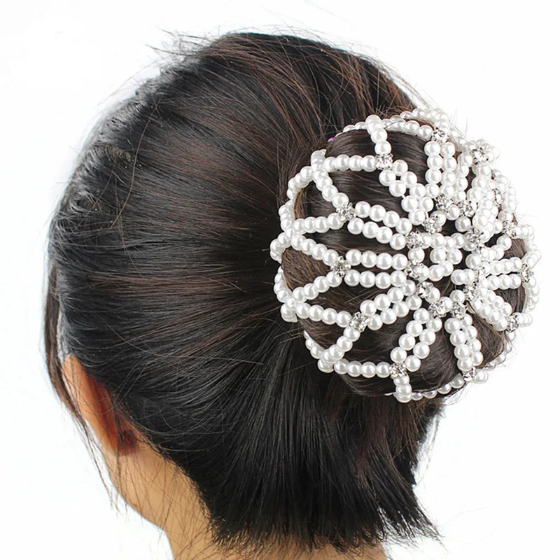 Crystal Hair Bun Covers Pearl Elastic Hair Net Ornament Crochet Handmade Hair Snood Ballet Dancing Snood Net Hair Accessories