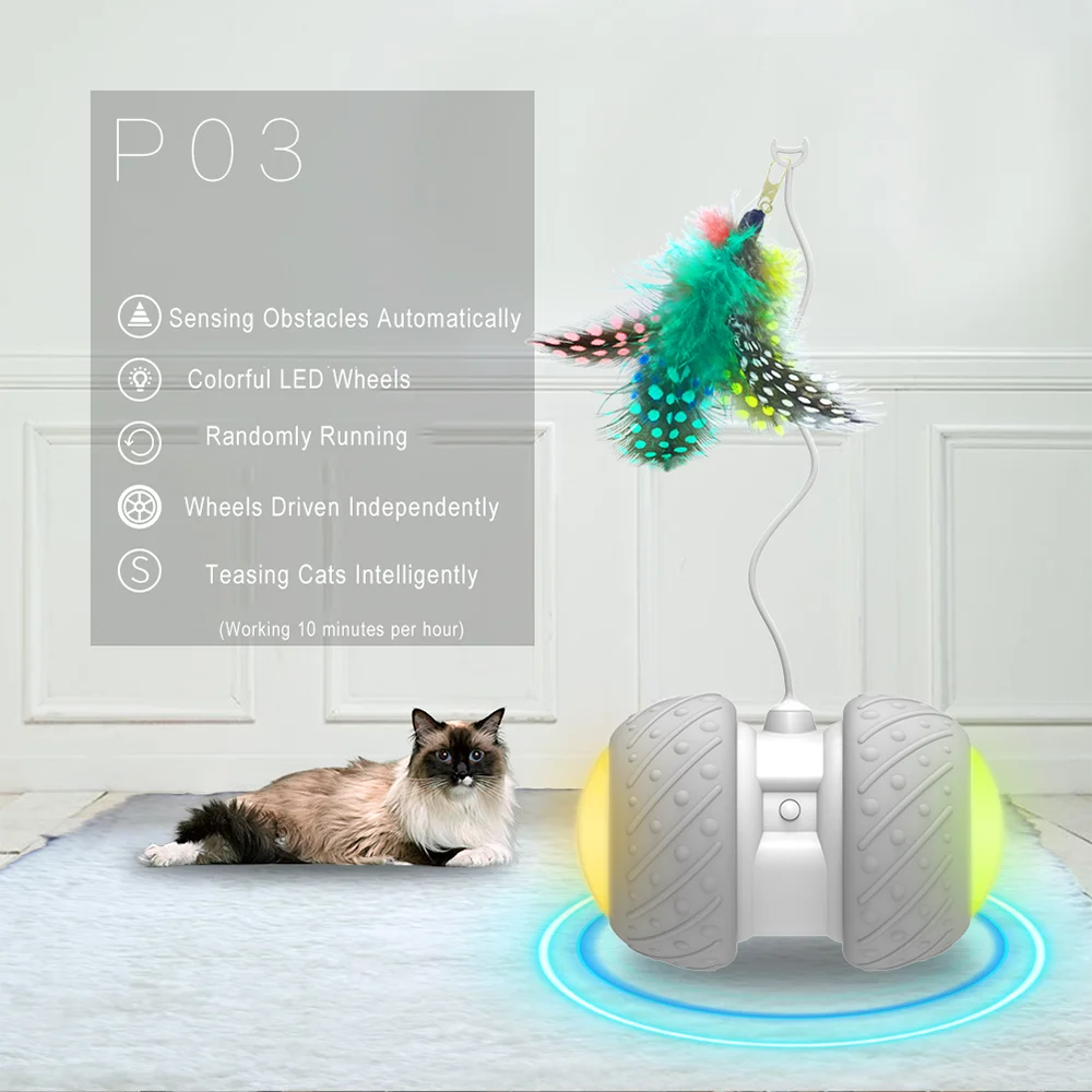 Smart Automatic Cat Teaser Electronic Pet Cat Toy with LED Wheels Rechargeable Flash Rolling Colorful Light Cat Sticker