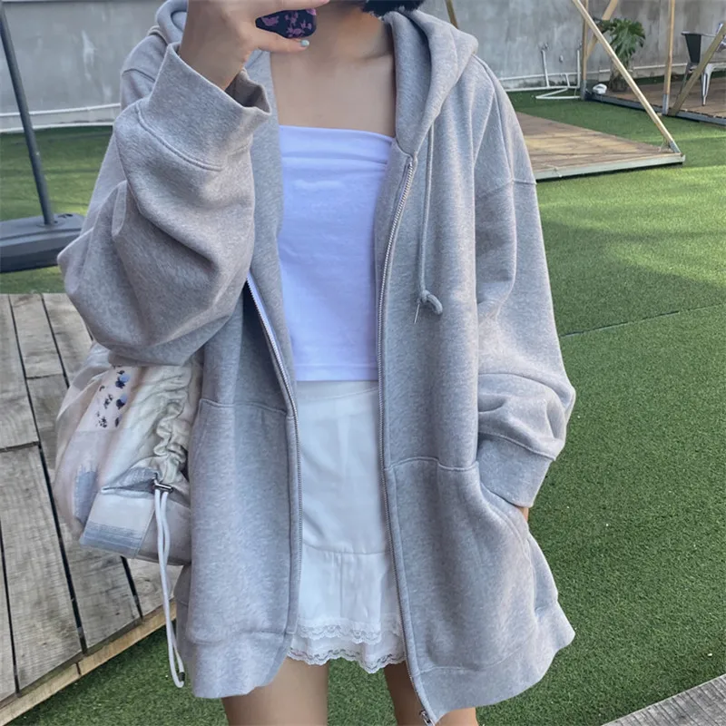 With Hat Hoodies Women Solid Zippers Basic Korean Style Daily Loose All-match Spring Couple Boyfriend Tops Streetwear Trendy New