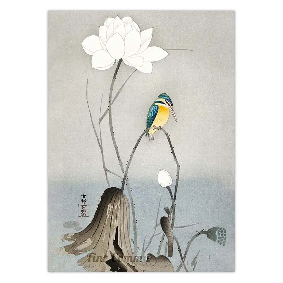 Kingfisher with Lotus Flower Ohara Koson Vintage Japanese Art Poster Bird Animal Canvas Print Asian Painting Wall Art Home Decor