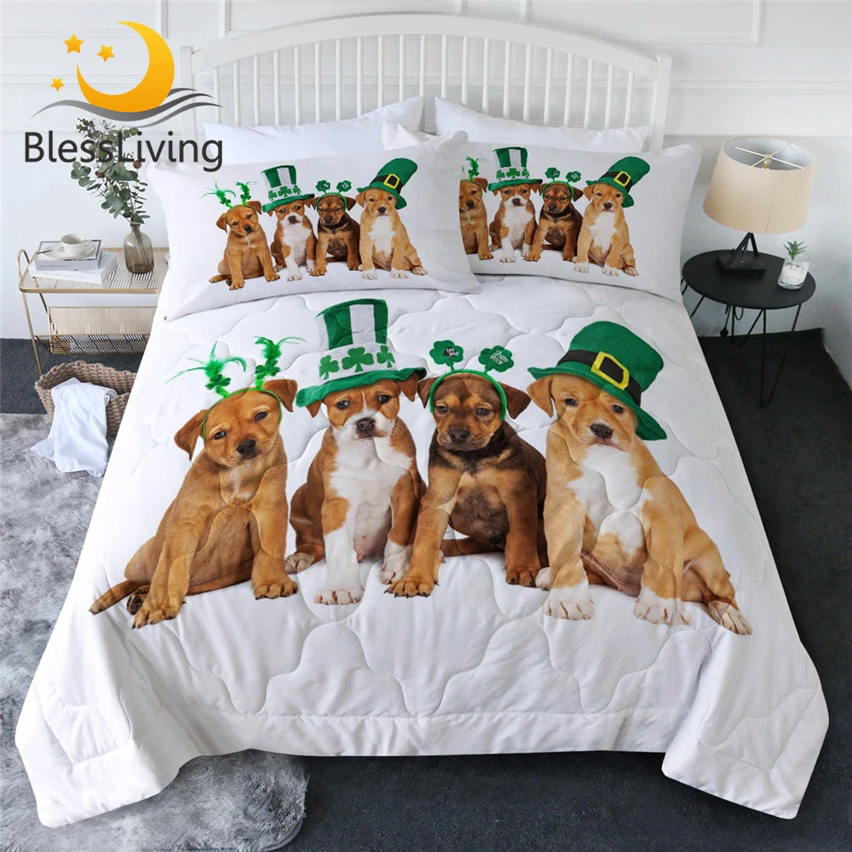 

BlessLiving Dog Summer Bedspread St. Patrick's Day Bedding 3 Pieces Green Hat Thin Duvet Lucky Shamrocks Quilt Green Home Decor