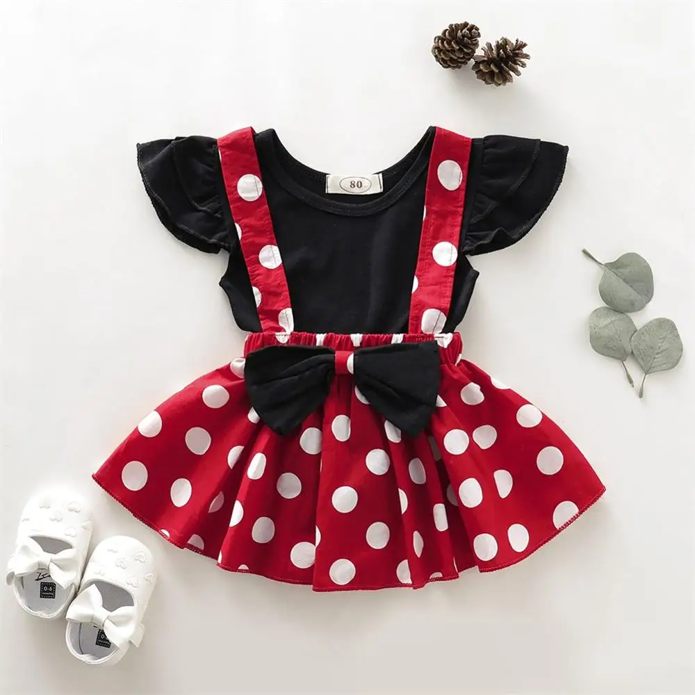 Baby Girls Ruffles Sleeveless T-shirt+Girl Bowknot Dot Red Suspender Skirt Baby Outfit Summer Clothing Toddler 2PCS set