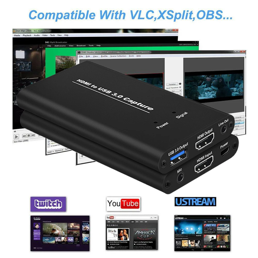 Video Capture Card USB3.0 HDMI 4K 60Hz Capture Card HDMI to USB Video Recorder Box Game Streaming Live Stream Broadcast with MIC