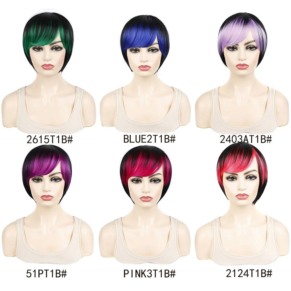 Synthetic Wigs Short Straight Bob Wig With Bangs Ombre Color Colorful