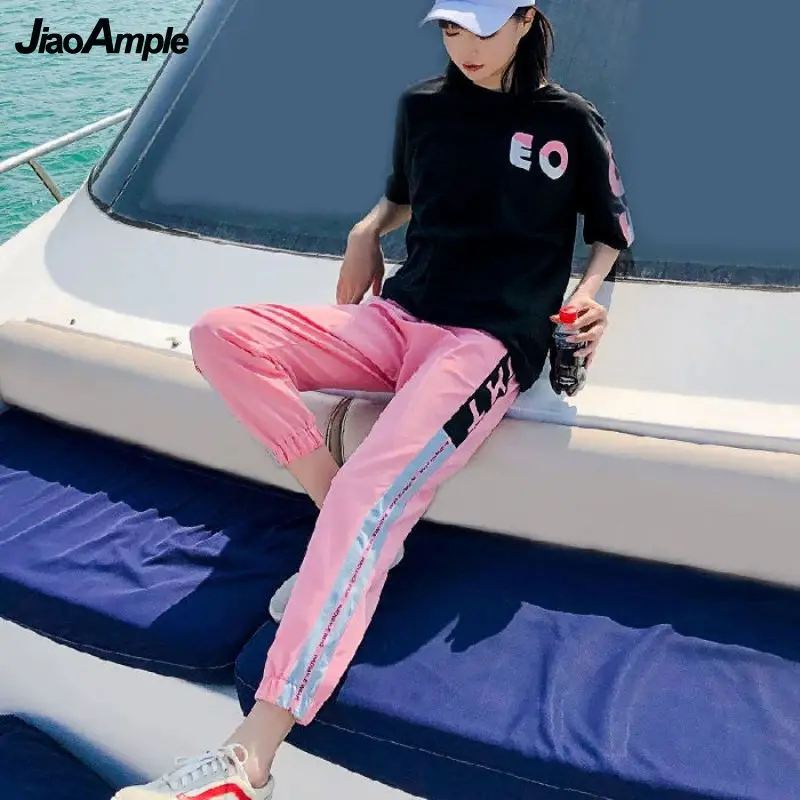 Women Sportswear Tracksuit 2024 New O-Neck Thin Cute Letters Short-sleeved Top Trousers Two Piece Set Female Casual Pantsuit