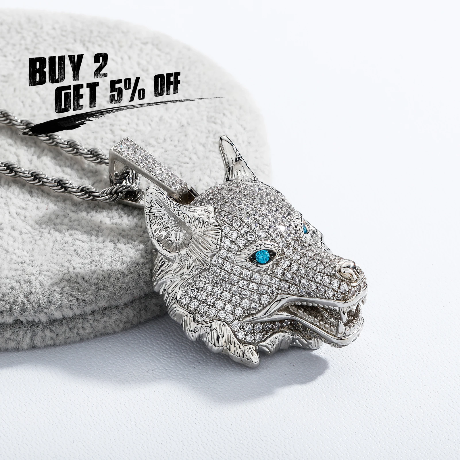 JINAO 2021 NEW Blue Eyes Wolf Head Pendant With 4mm Tennis Chain High Quality Personality Iced Out AAA+ CZ Pendant&Necklace