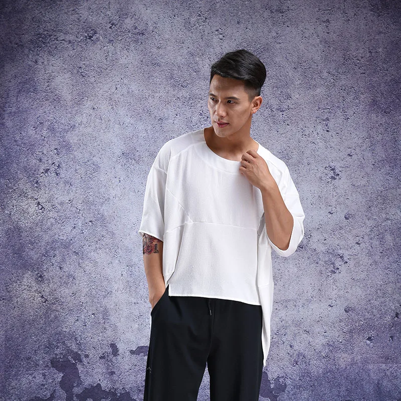 

Men city youth new Korean version of the front short back long loose large size hem fork solid color T shirt