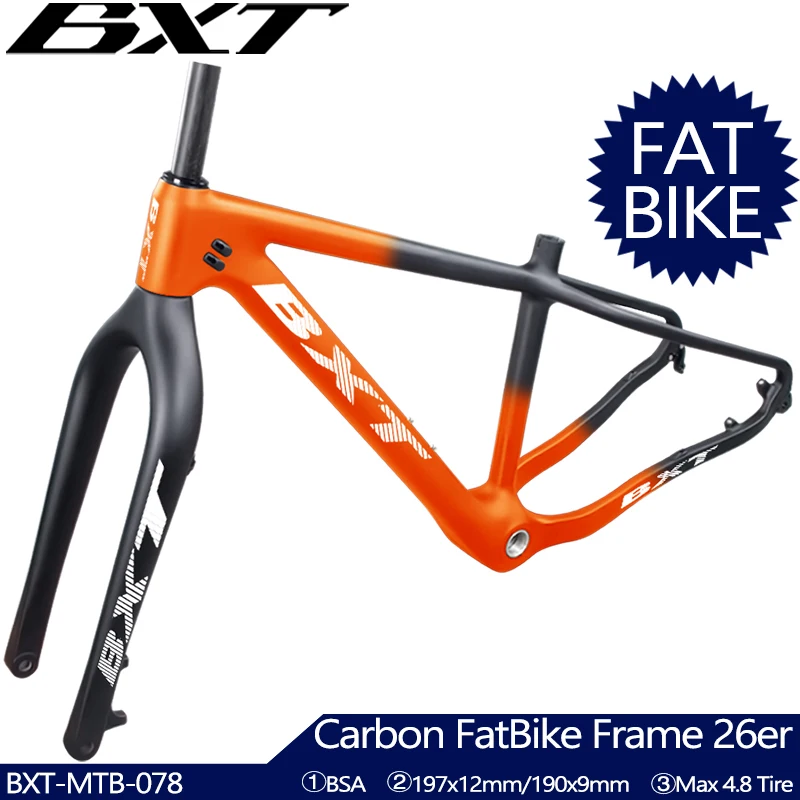 BXT Carbon Fat Bike Frame and Snow Fat Fork, 26ER, BSA Thru Axle, MTB, 26 Disc Brake