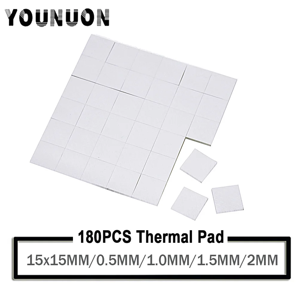 

YOUNUON 180 Pieces 15x15mm 0.5mm 1mm 1.5mm 2mm tichkess Thermal Pad CPU Heatsink Pad Cooling Conductive Silicone Thermal