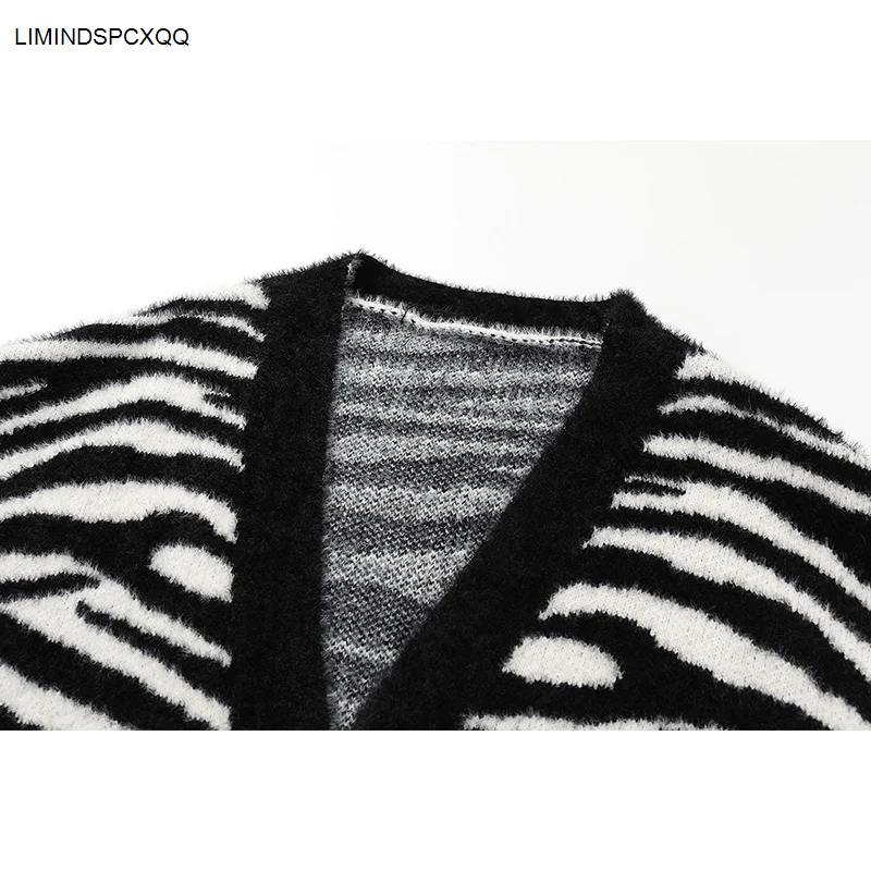 Women Sweater Jacket 2023 Oversized Knitted Cardigans V-neck Loose Vintage Zebra Print Jumpers Long Sleeve Elegant Female Coat