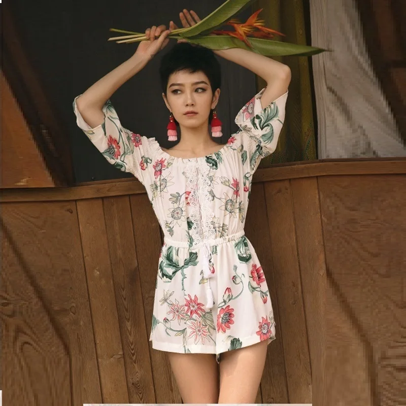 2020 Beach Women Floral Playsuits Boho Short Wide Leg Pants Rompers Holiday Summer Off Shoulder Print Chiffon Jumpsuits DD2546