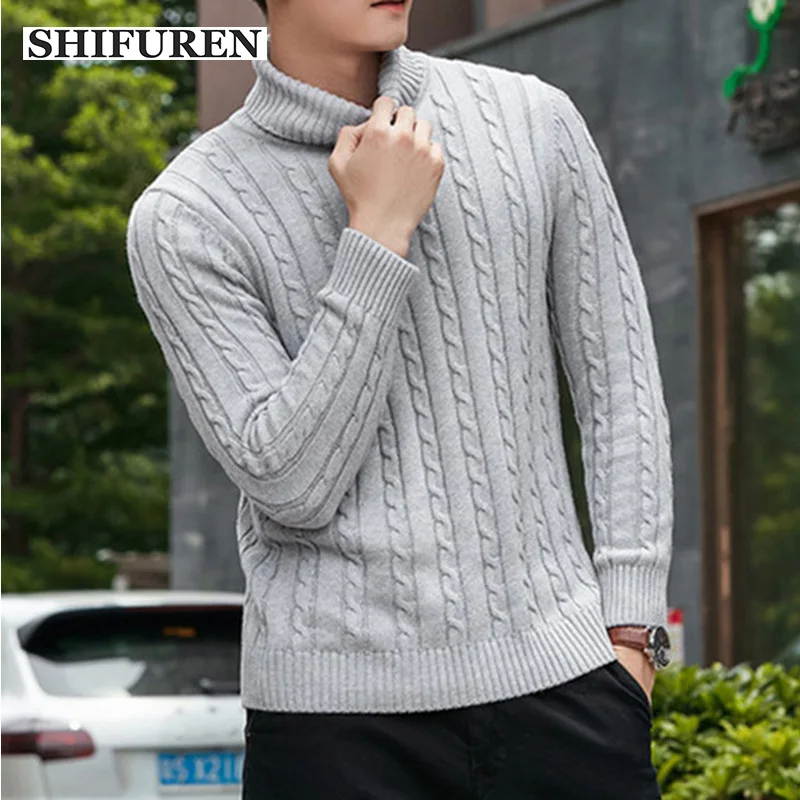 

SHIFUREN Winter Thick Warm Men Turtleneck Sweaters Slim Fit Jacquard Pullovers 100% Cotton Knitwear Pull Homme Solid Color