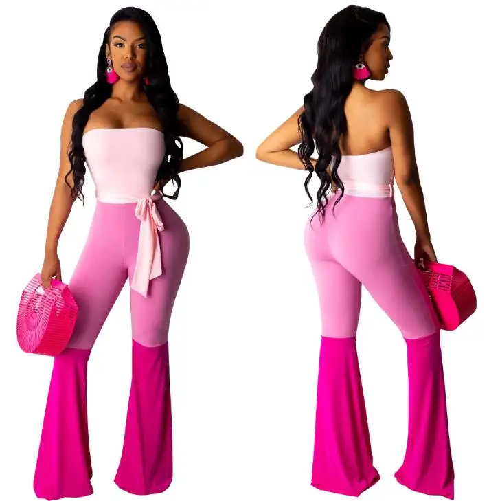 

BKLD 2019 Summer New Women Fashion Sexy Color Patchwork Strapless Off The Shoulder Jumpsuit Clubwear Women Long Flared Pants