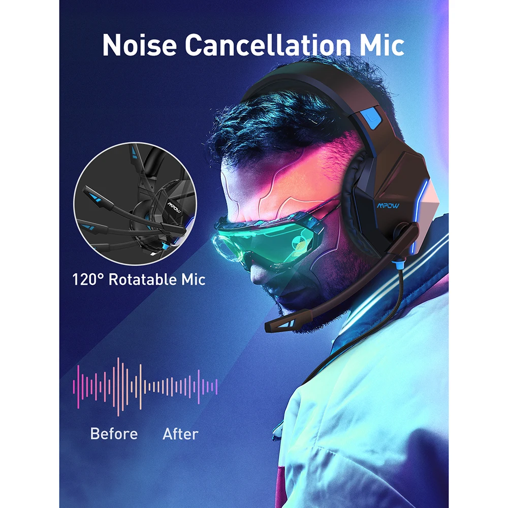 Mpow-سماعة رأس سلكية للألعاب ، سماعة رأس سلكية لألعاب الكمبيوتر ، مع إلغاء الضوضاء ، ميكروفون ، صوت محيط ، لجهاز PS4 ، Xbox One ، وحدة تحكم Switch