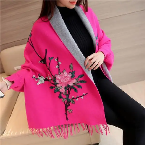 Sweater Women 2023 autumn and winter new embroidery scarf shawl langer with sleeves outside the tent wild bat coat female