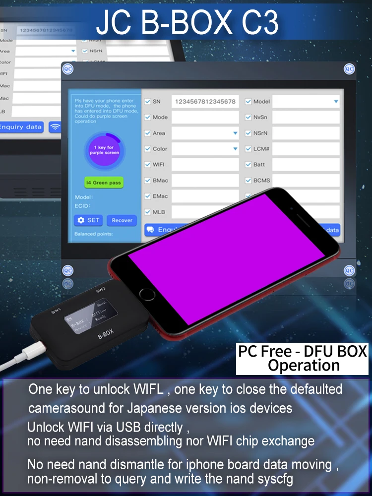 JC B-BOX C3 DFU One Key to Purple for IOS A7-A11 for iPhone & iPad Unlock WIFI Modify NAND Syscfg Data Same as Window DCSD Cable