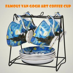 4-Set Van Gogh Coffee Cup-Saucer-Spoon Set Bone China Ceramic Mugs With Iron-Frame Thermal Tea Water Bottle Christmas Gift