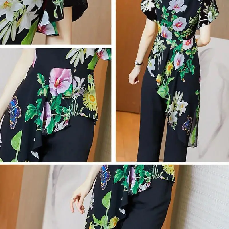 Suit Female Fashion Summer Pantsuits 2 Piece Woman Set Elegant Chiffon Print Irregular Top & Flare Pants Office Lady Clothes