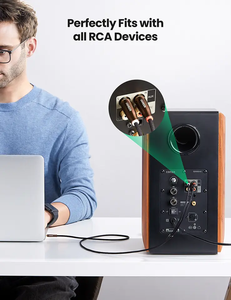 كابل UGREEN RCA 2RCA إلى 3.5 ملم مرحبا فاي نايلون مضفر RCA إلى كابل الصوت AUX ل DJ المراقب المالي المتكلم تيرنتابل التلفزيون سيارة ستيريو - 2