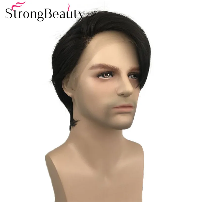 StrongBeauty Straight Men Lace Front Synthetic Wigs Medium Length Natural Wig Black Hair