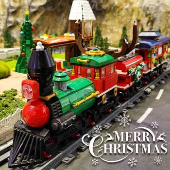 Christmas series bricks toys high-tech RC railway car building blocks train model kit with electric motor compatible with LEGO