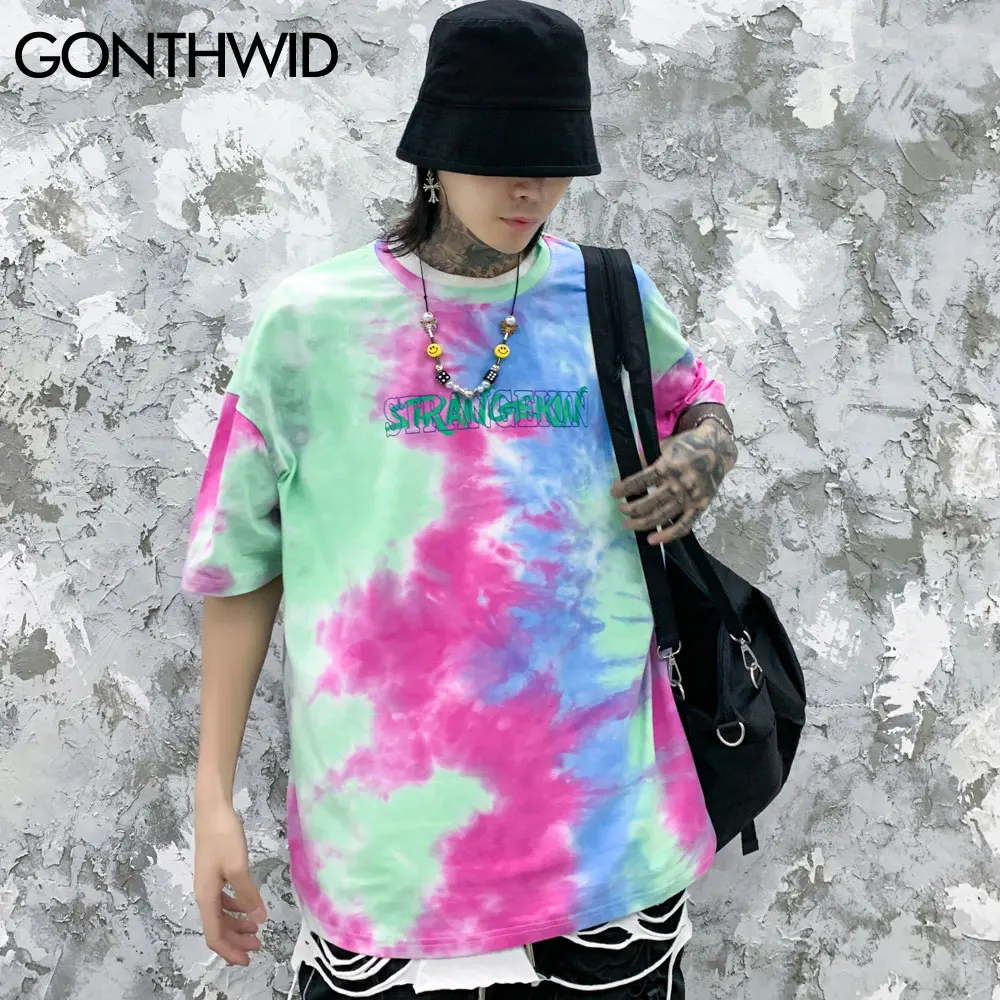 GONTHWID Tie Dye Tees Shirts Streetwear Hip Hop Graffiti Print Short Sleeve Tshirts Mens Harajuku Hipster Casual Tops Fashion