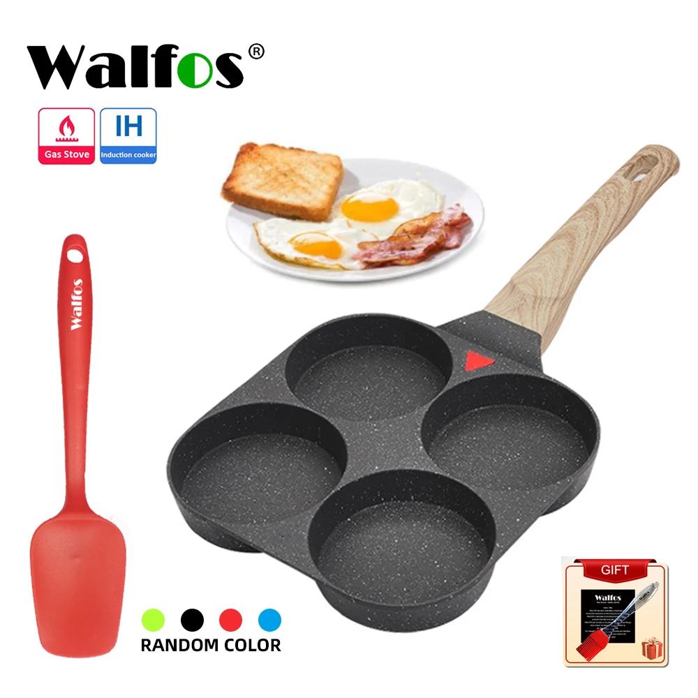 WALFOS 4 Holes Egg Frying Pan Multifunction Hamburger Steak Non Stick Pan High Quality Wooden Handle Cooking Pan Enjoy