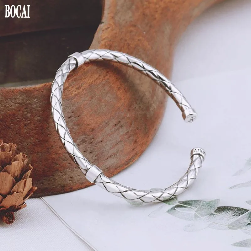 

BOCAI New 100% s925 Silver Jewelry Personalized Diamond Pattern Open Bracelet for Woman 2021 Fashion Simple Women's Bracelet