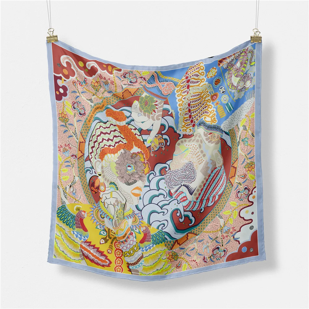 Twill Silk Scarf Woman Colorful Painting Square Scarves Wraps Bandana Small Hijab Silk Foulards Tie Headband Neckerchief 53CM