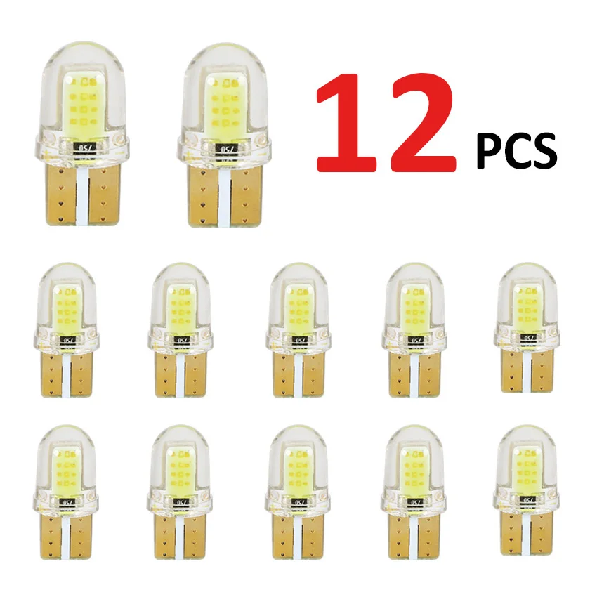 12pcs Silica Gel W5W T10 LED 4SMD COB 194 Wedge Clearance Light Bulb Auto License Plate Reading Car Door Trunk Car Lamp