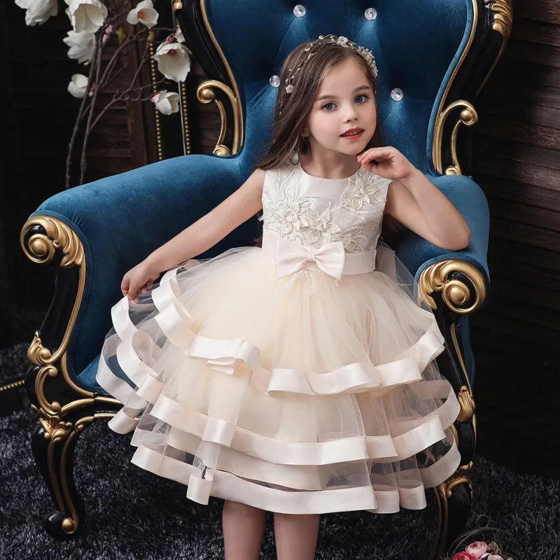 

Retail Appliques Princess Girls Birthday Evening Party Gown Dress Noble Elegant Gold Line Girls Wedding Dress Ribbon hem