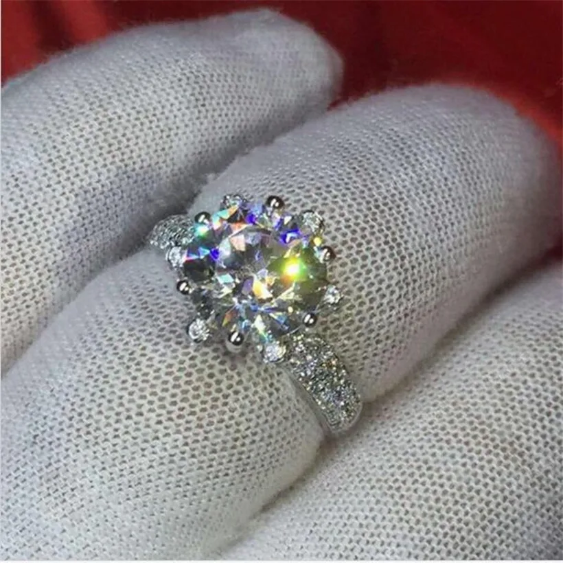 Luxury 2ct Simulated Diamond Engagement Ring Jewelry gift Flower Design Solid 100% 925 Sterling silver Wedding Rings for Women