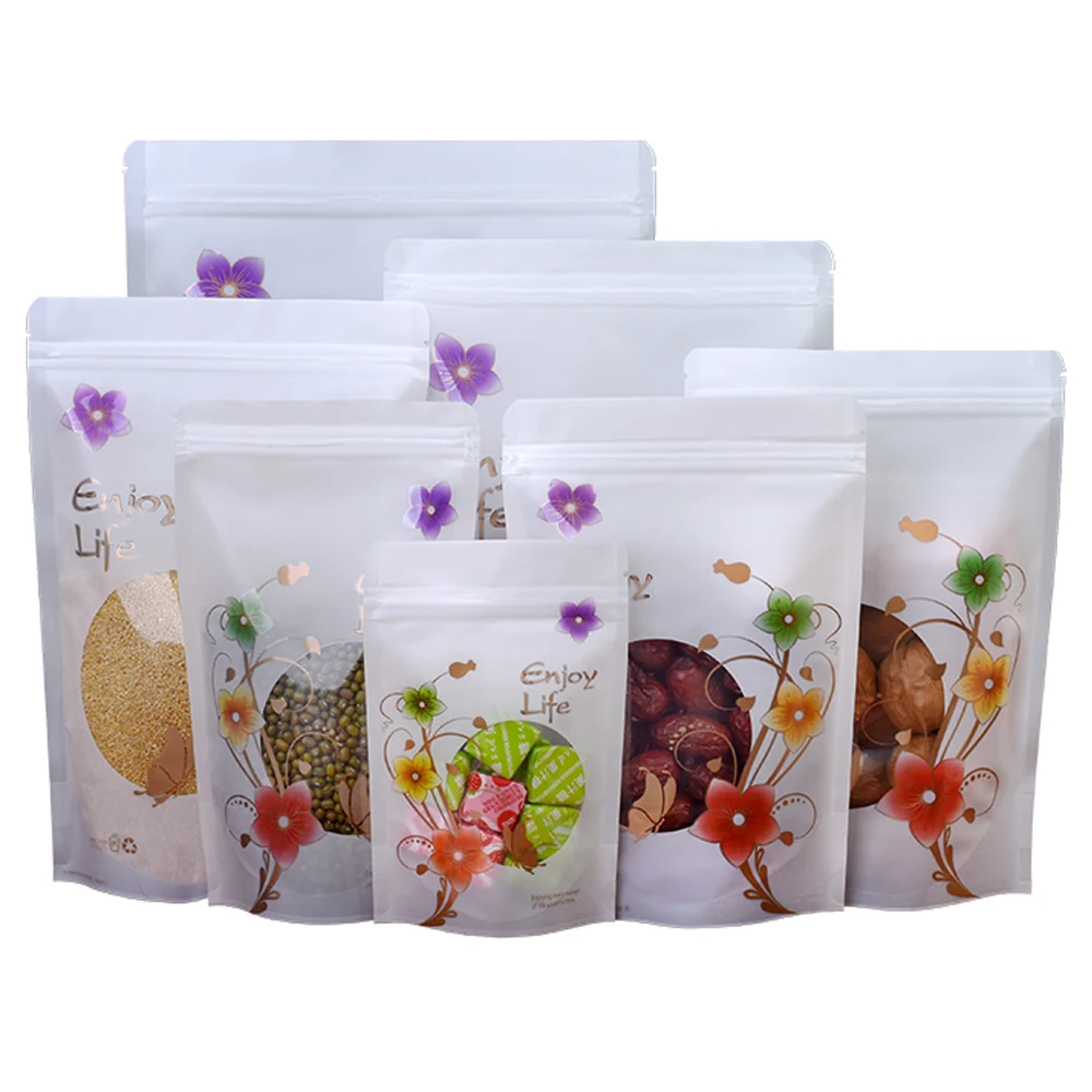 100 sztuk biały plastikowy zamek błyskawiczny blokada stojąca torba z przezroczyste okienko nadruk w kwiaty Resealable wielokrotnego zamykania Tear Notch przechowywanie żywności Pack