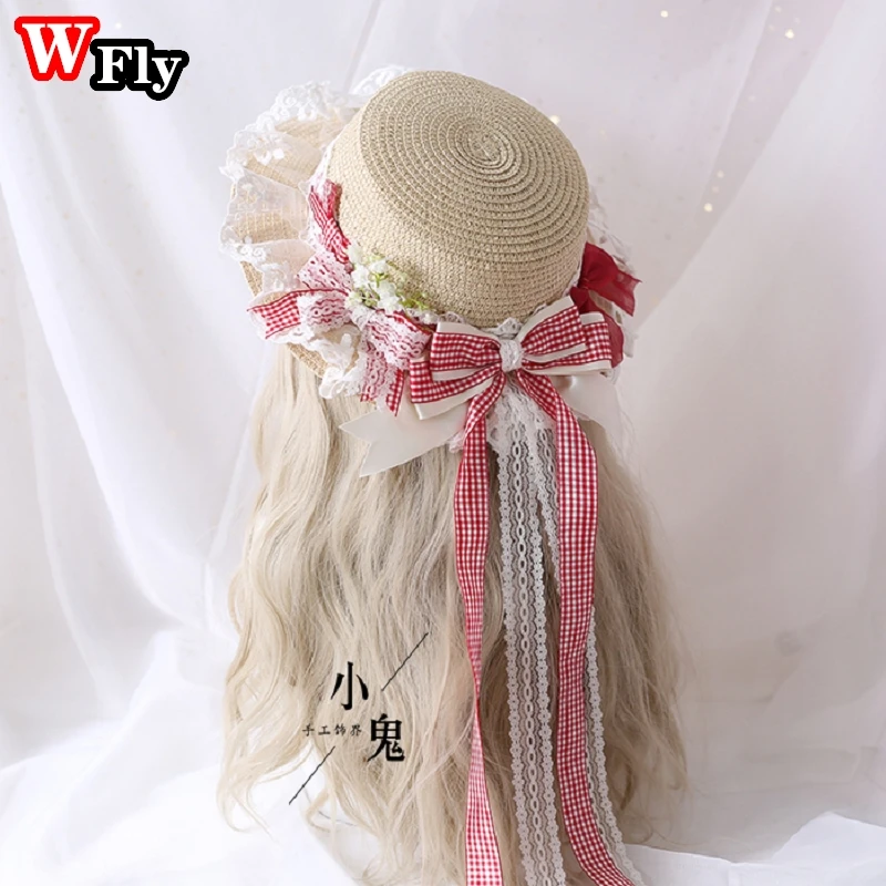 Harajuku Women Girls Summer Straw Hats Beach Sun Hat Sweet Lolita Princess Lace Bow Ribbon Straw Hat ladies sunhat Handmade