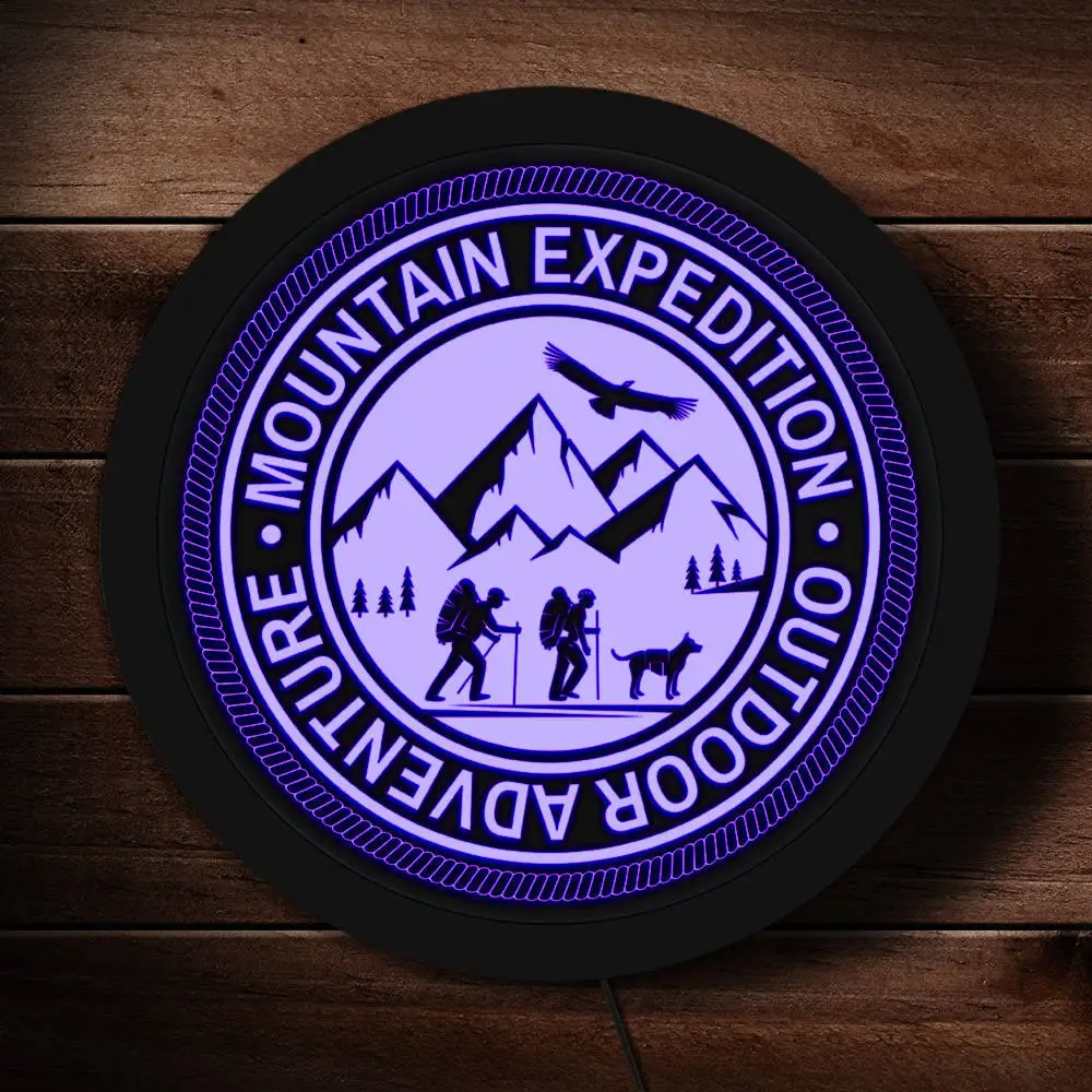 Outdoor Adventure Mountain Expedition Travel Theme LED Neon Sign Hiking Lighting Rounded Wall Light Lamp Mountain Climbers Gift