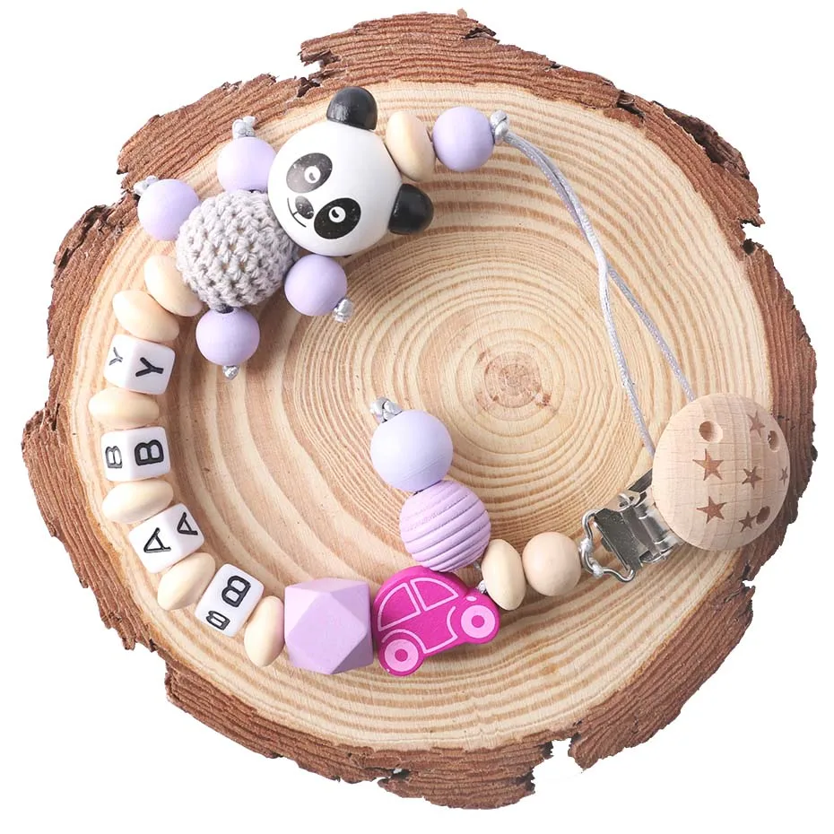 Panda Pacifier Chain Personalized Name Beech Wooden Clip Teether Cartoon Panda Holder Chain Rodent Baby Teether For  Gift