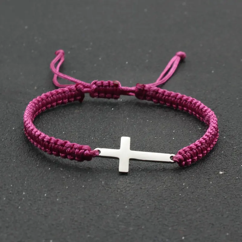 Image 5: Bracelet à breloques croix unisexe en acier inoxydable fait à la main pour hommes et femmes, bracelets tressés réglables, chaîne rouge porte-bonheur, cadeau de bijoux de manchette