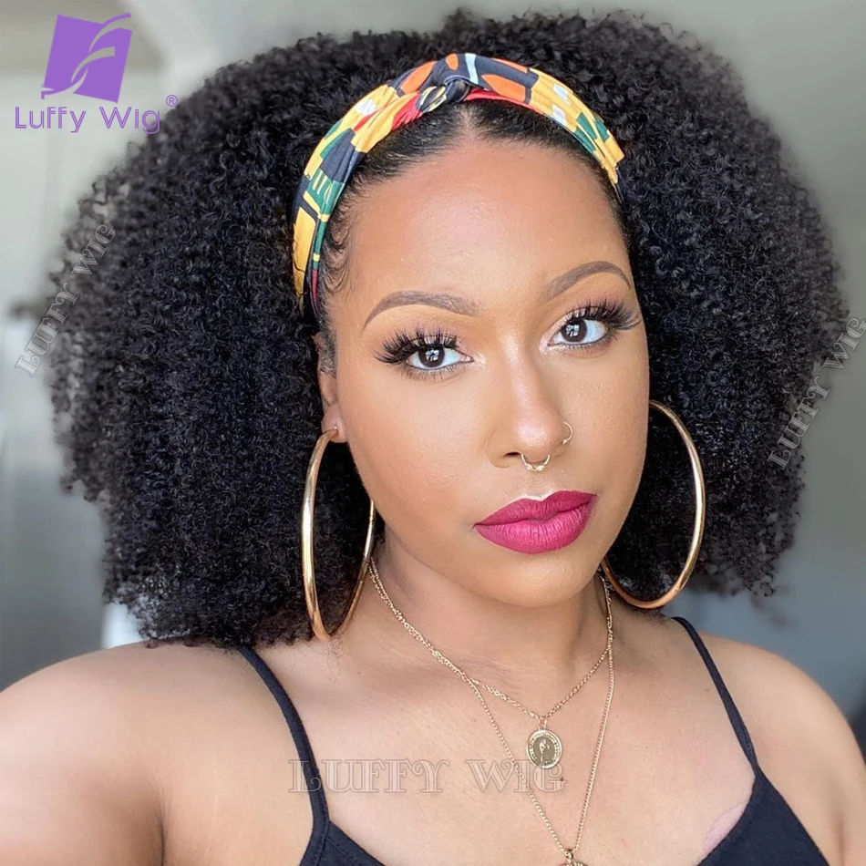 Afro Kinky Curly Headband Wig Human Hair Short Brazilian Remy Hair Full Machine Made Human Hair Wig No Glue No Gel Luffywig