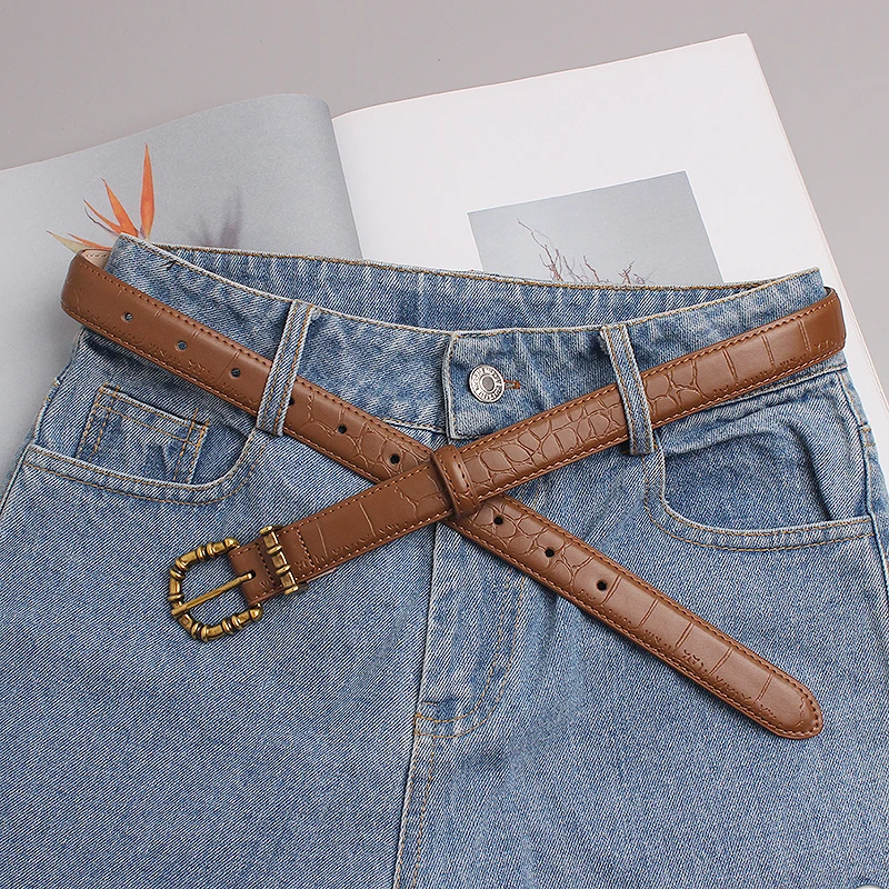 Vintage Bamboo Pattern Metal Pin Buckle Waist Belt Cowhide Waistband Women 2021 Luxury Genuine Leather Casual Jean Belt Ceinture