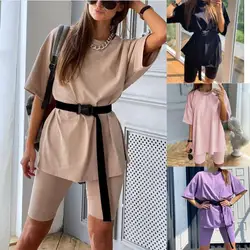 Conjunto de dos piezas para mujer, camiseta de manga corta con cuello redondo y ropa pequeña, traje informal holgado con cinturón, pantalones cortos de motorista