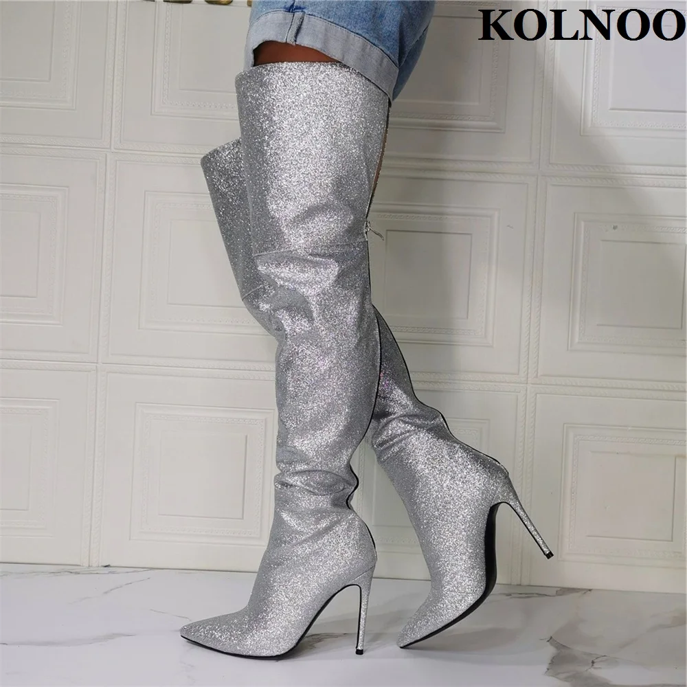 Kolnoo New Handmade Ladies Thigh High Boots Nubuck Leather Real Photos Party Prom Over Knee Boots Evening Fashion Winter Shoes