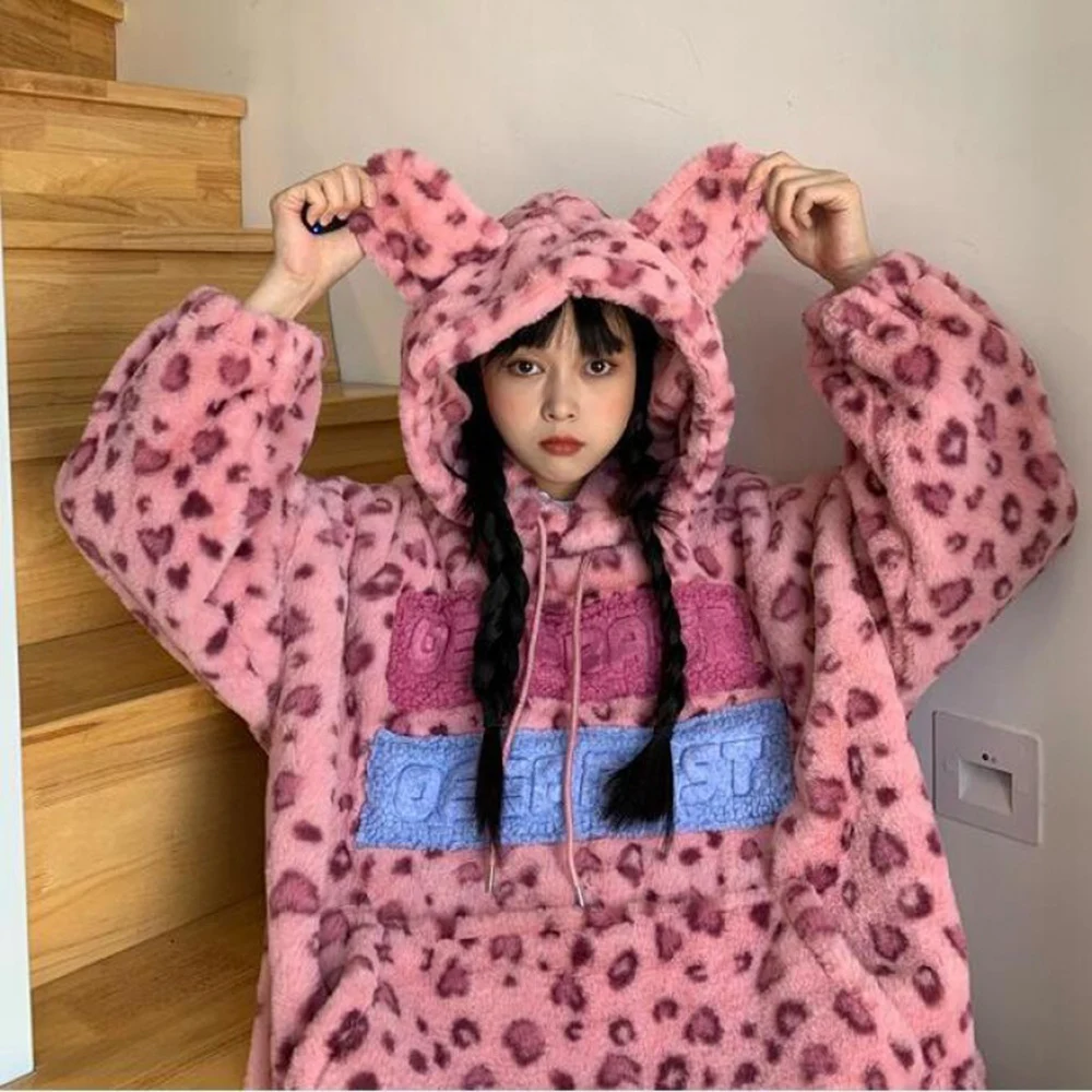 Women Autumn Winter Pink Lovely Lamb Plush Leopard Animal Ear Pullover Female Loose Korean d Sweatshirt Hoodie