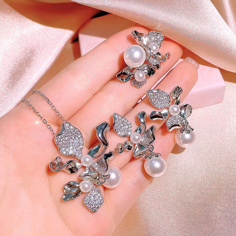 100% 925 Sterling Silber Braut Schmuck Lange Perle Halskette Ohrringe Ring Anhänger Schmuck Set Dame Engagement Hochzeit Party Geschenk
