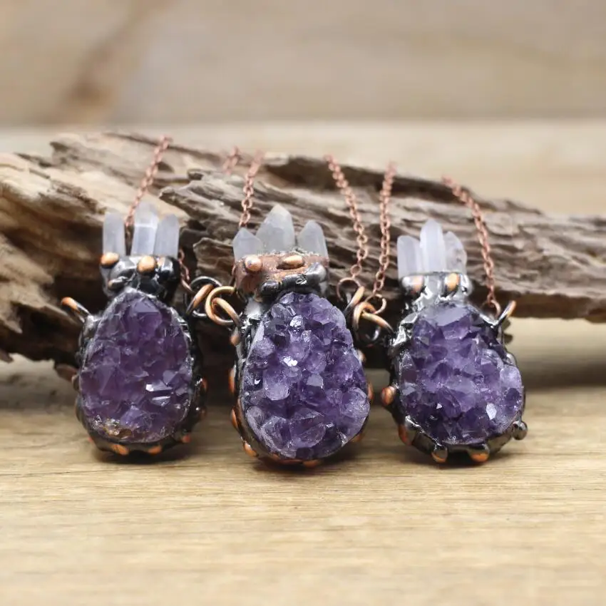 

Natural Amethysts Geode Raw Quartz Point Pendants,Antique Copper Necklace Rough Crystal Drusy Meditation Retro Jewelry,QC3054