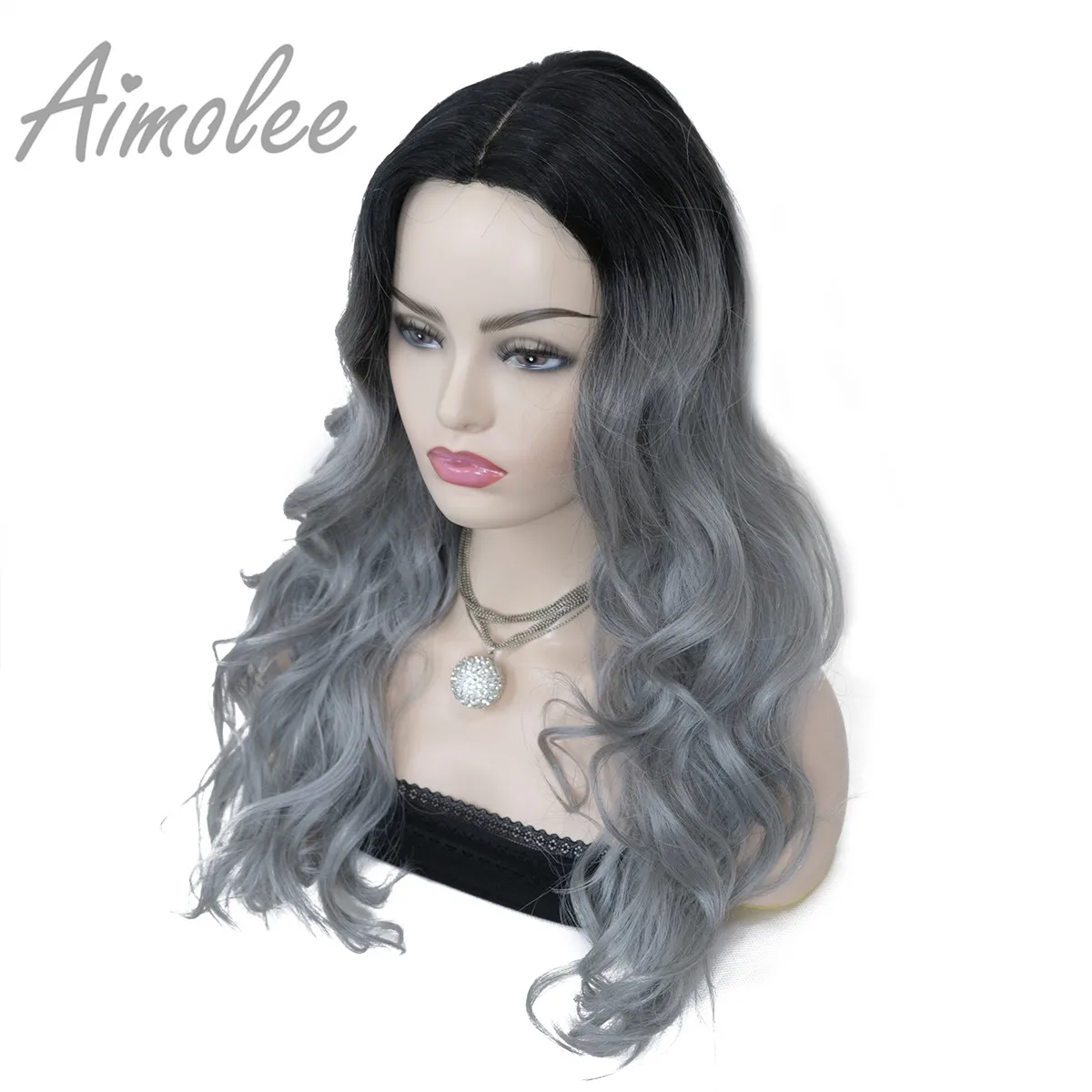 Aimolee Women's Ombre Wigs Hair grey blue Color Synthetic Natural Long Curly  Part lace Wig Wigs for women