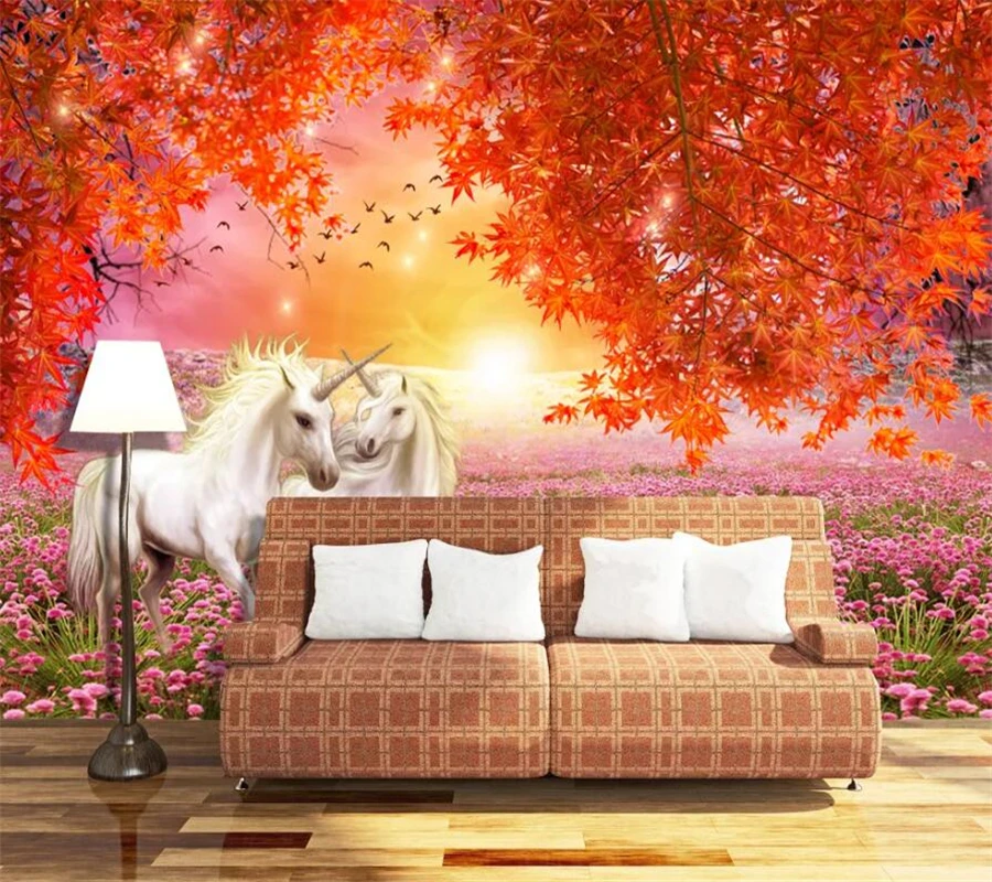 wellyu Customized large murals fashion home decoration maple red leaves white horse 3D fresh TV background wall wallpaper