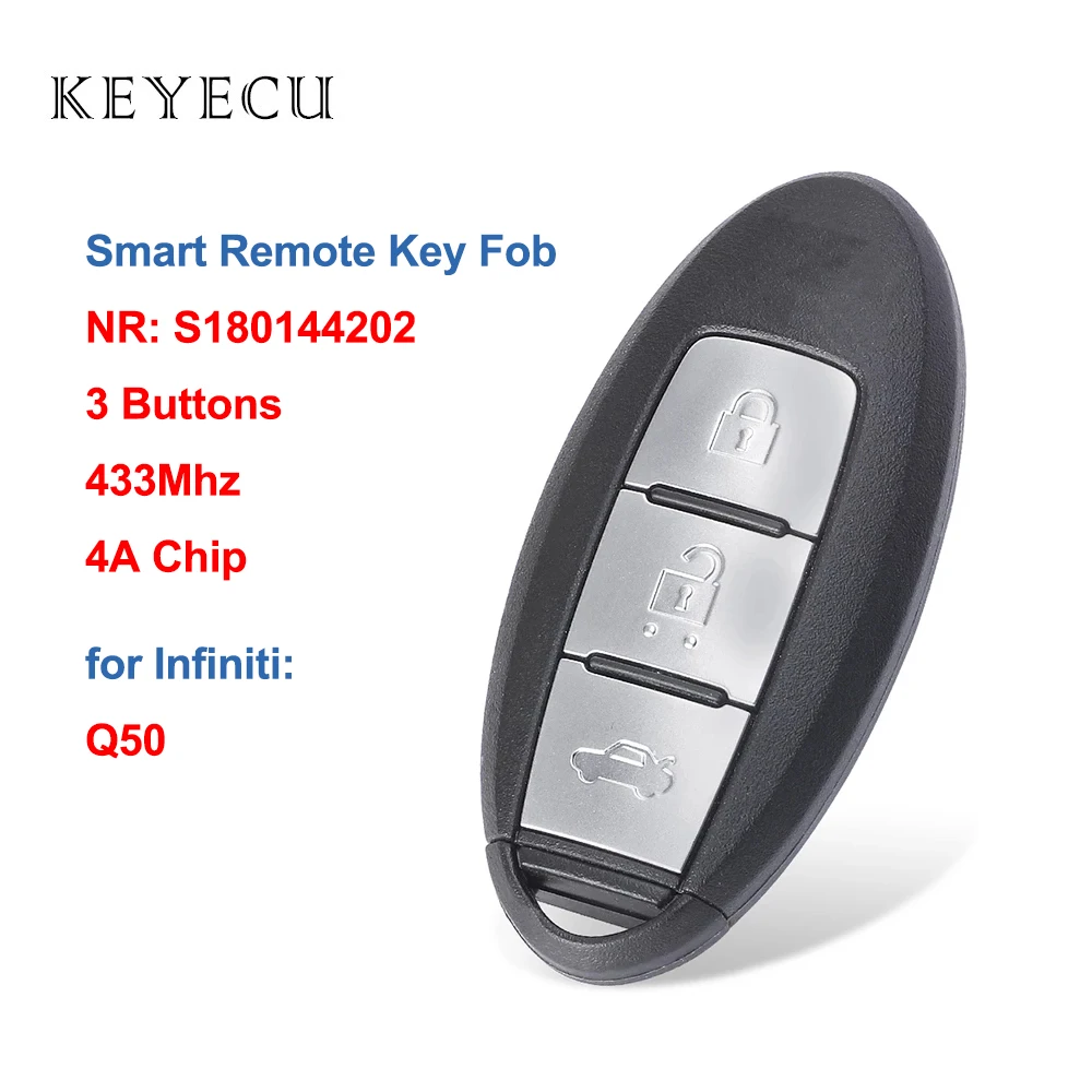 S180144202 Smart Remote Car Key Fob Replacement 3 Buttons 433MHz 4A Chip for Infiniti Q50 2013 2014 2015 2016 2017 2018