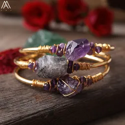 Gold Copper Wire Wrapped Natural Phantom Quartz Amethysts Quartz Chunky Nugget Beads Open Cuff Bangles Women Bracelets Jewelry