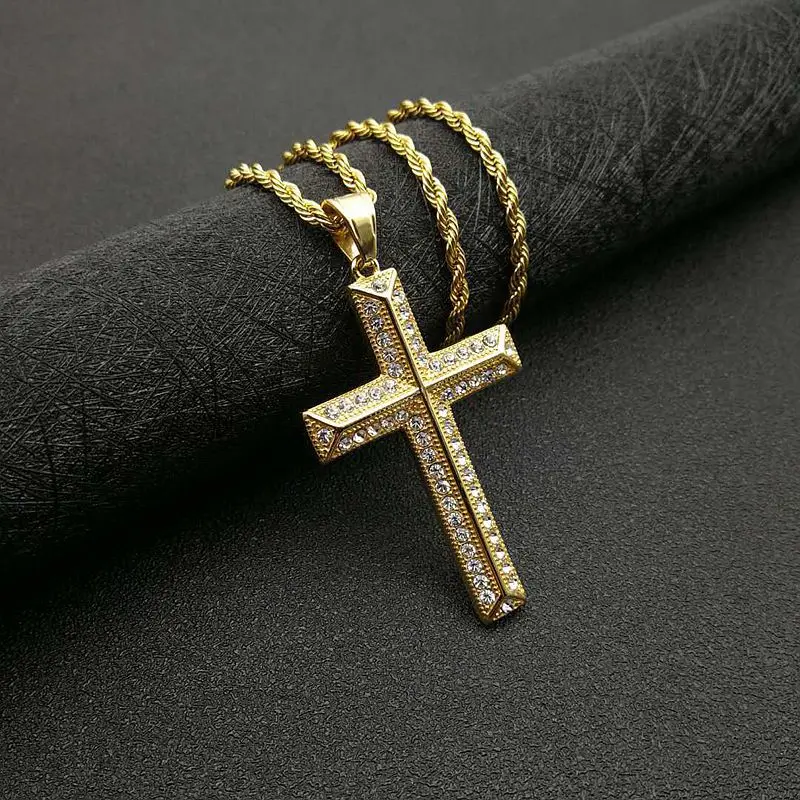 High Quality Womens Cross Necklace 316L Stainless Steel 60CM Chain Pendant Cross Gold Color Mens Necklace For Best Gift